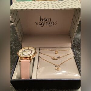 Bon Voyage 💝 Pink Watch & Yellow Gold Necklaces Gift Set 🎁